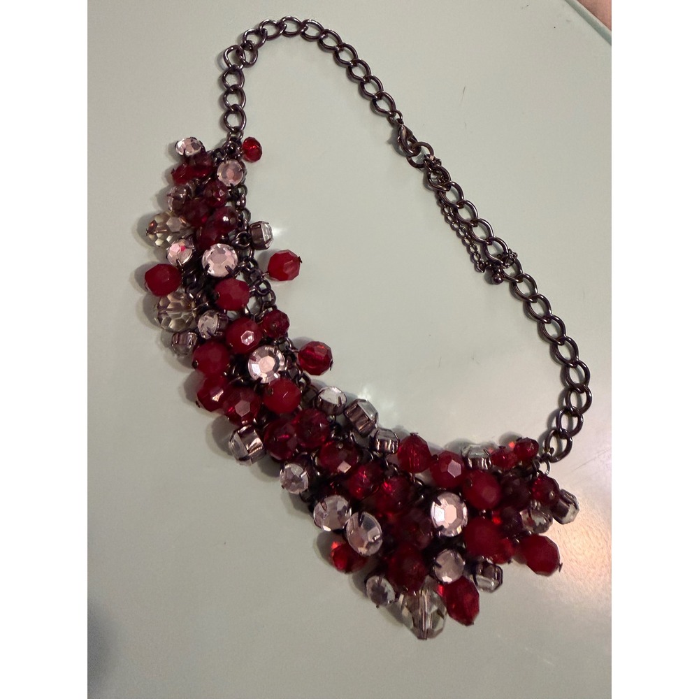 Red Crystal Cluster Statement Bib Necklace Gunmetal Chain Adjustable Clasp